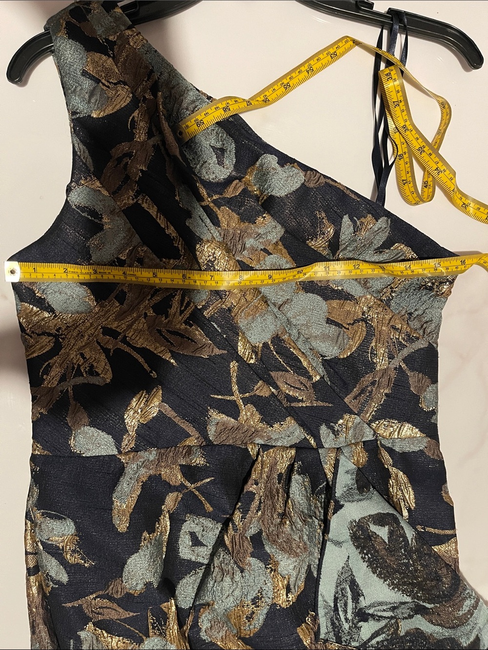 Adrianna Papell Black One-Shoulder Floral Jacquard Gown with Gold Accents - Picture 12 of 16